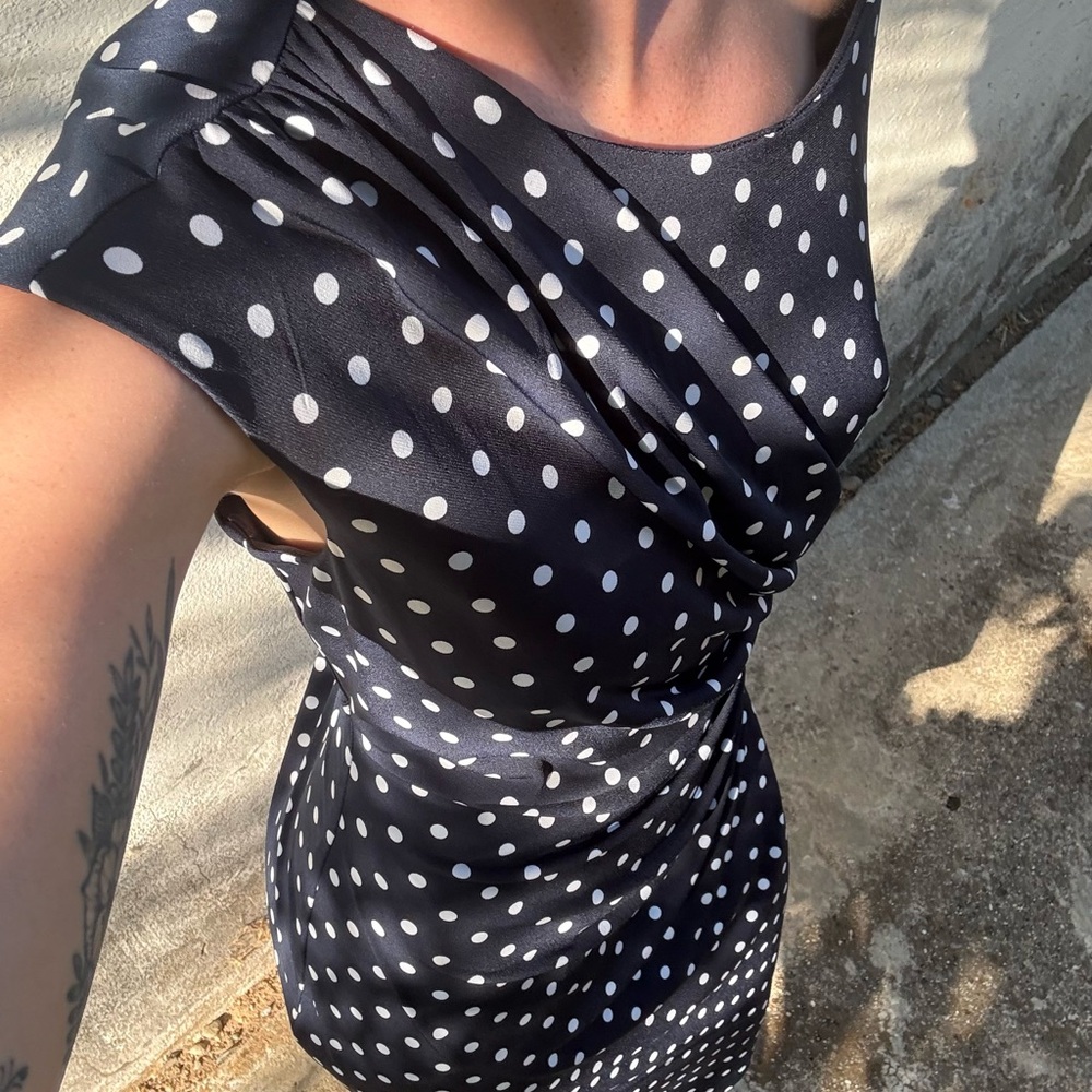 Connected Apparel Navy and White Polka Dot Dress